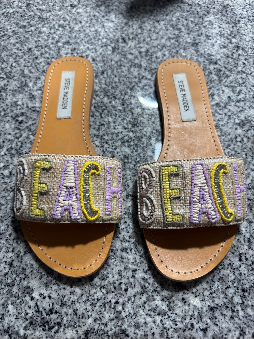 Steve Madden Tan Slide Sandals with Multicolor Beaded 'BEACH' Straps